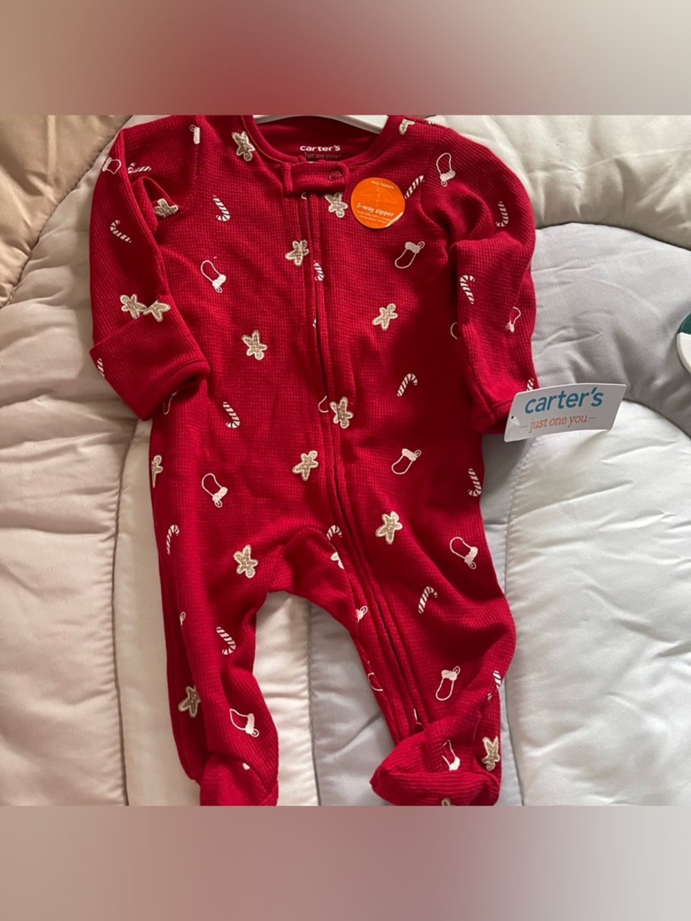 Carters Christmas 3 Months Red Thermal Sleeper 2 Way Zip Footed Pajamas A5